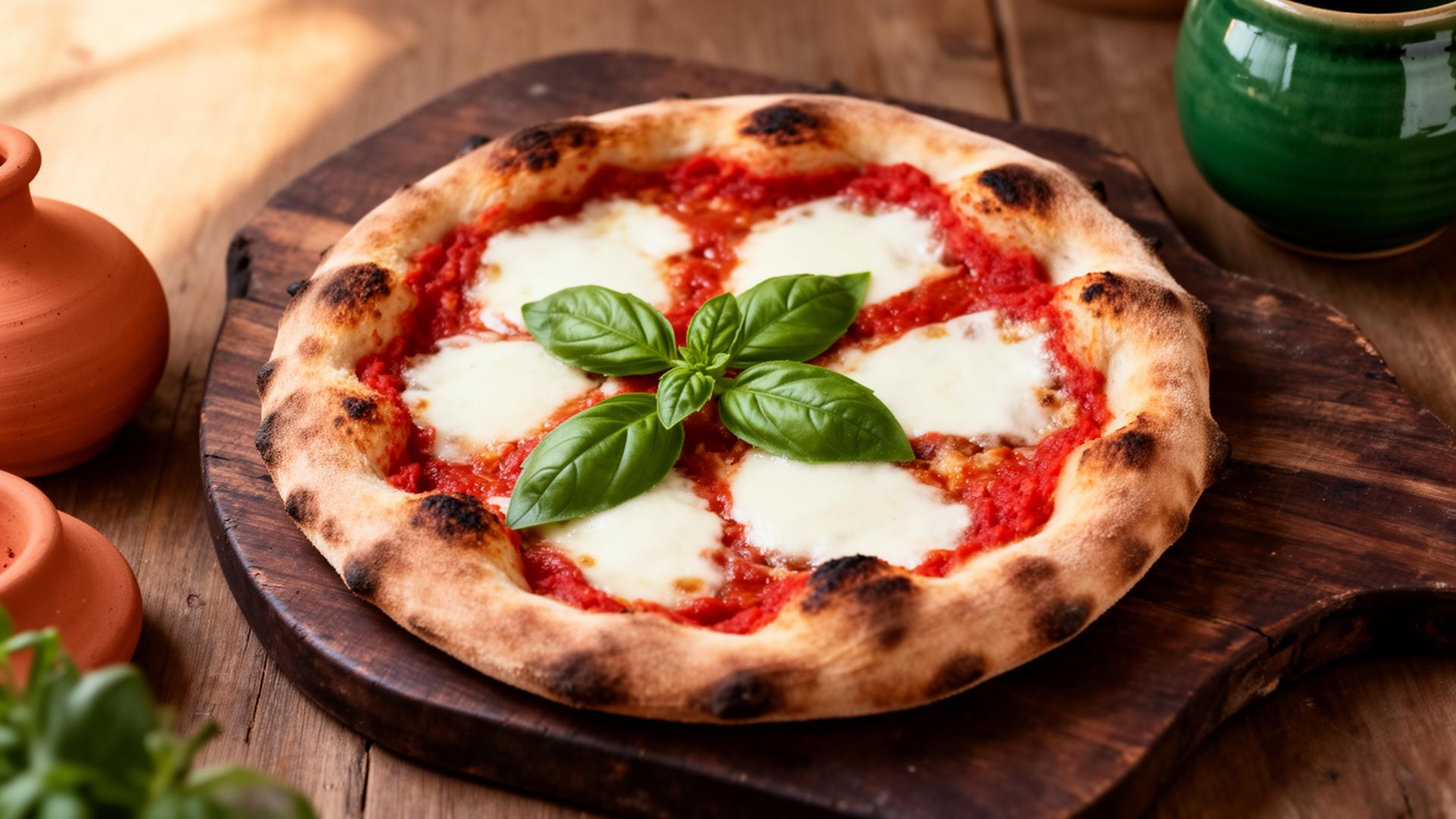 Wood-fired margherita on a dark wood board